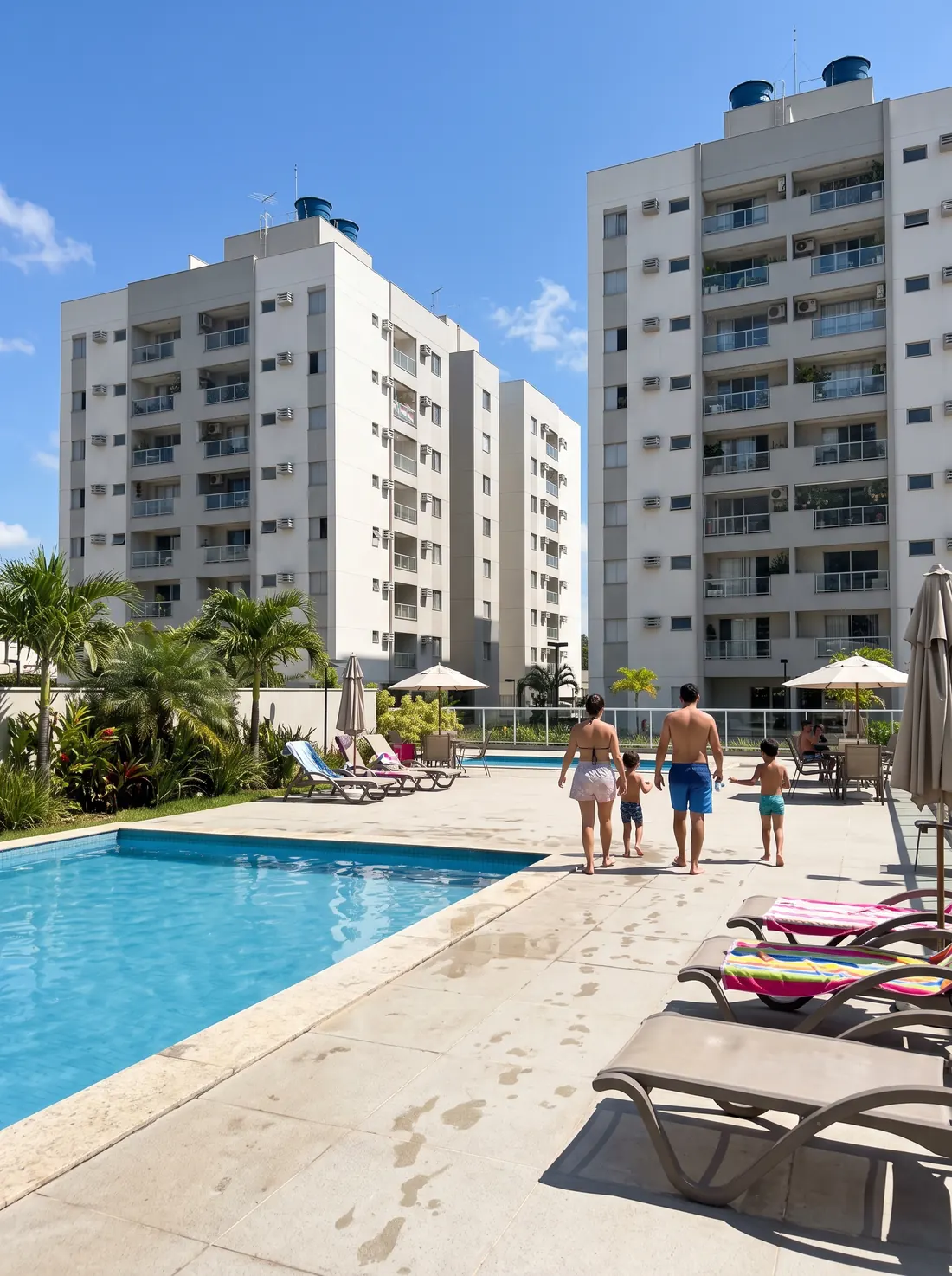 Família caminhando ao lado da piscina de um condomínio em dia de sol