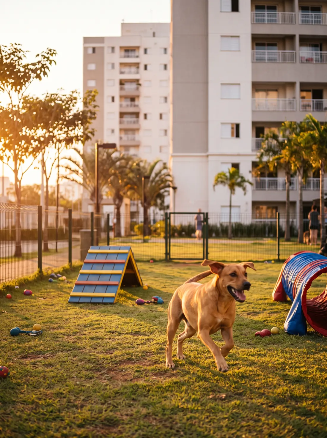 Cachorro caramelo correndo no pet place de um condomínio no fim de tarde